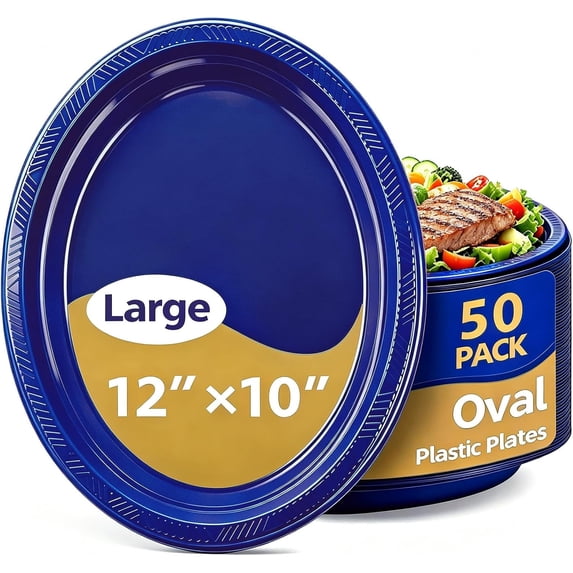 50 Count 10 x 12 Inch Blue Oval Disposable Plastic Plates – Lightweight ...