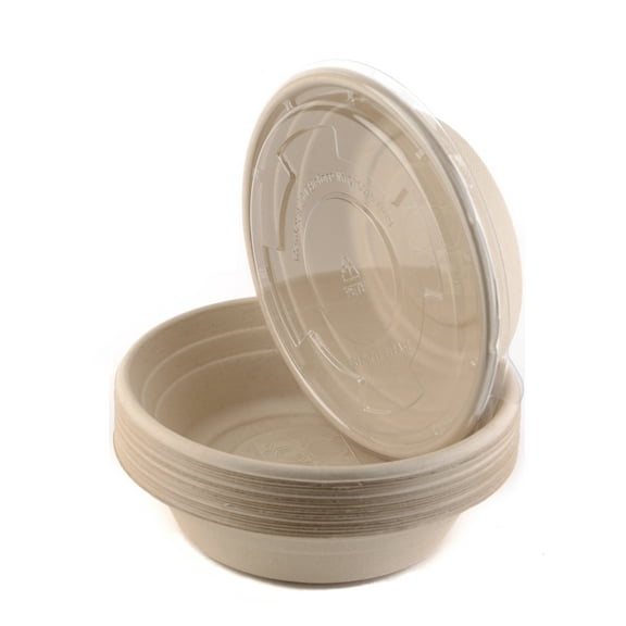50 Count 29oz Round Disposable Bowls with Lids Natural Sugarcane Bagasse Bamboo Fibers Sturdy Compostable Eco Friendly Environmental Paper Plastic Bowl Alternative Tree Free