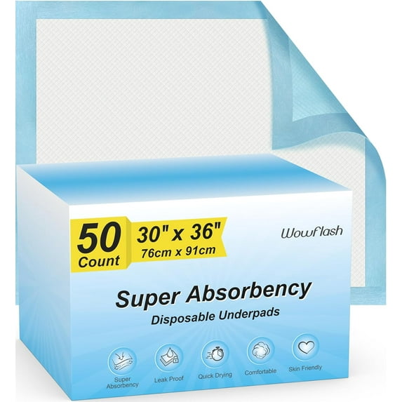 50 Count 30” x 36” Super Absorbency Disposable Underpads, Leakproof Quick Drying, Baby Puppy & Adults Bed Pads Disposable Adults, Dog Pee Pads Extra Large, XXL Incontinence Pads