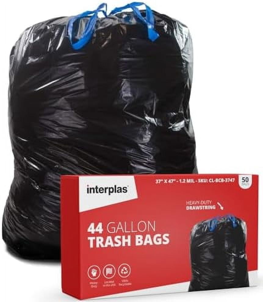 44 Gallon Extra Strong Trash Bags With Drawstring Heavy Duty Black