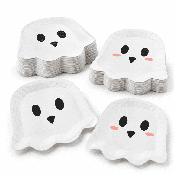 50 Count 9.84 Inch White Ghost Shaped Disposable Paper Plates for Party Supplies
