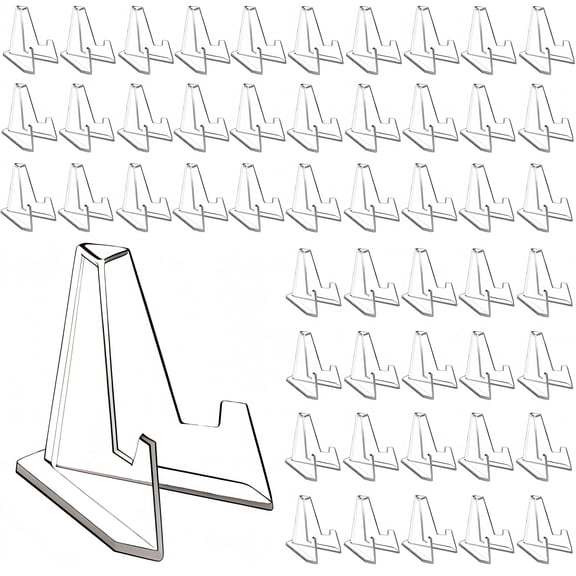 50 Pack Clear Acrylic Card Holder Stands, Mini Easel Display Stands for Collectible Coins, Trading Cards, Photos, Medals, Business Cards & Small Items, Desktop Display Racks