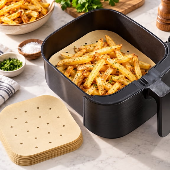 50 Count Air Fryer Liners, Unbleached Parchment Paper Sheets, Disposable Nonstick Baking Paper for Air Fryer Basket, Oil Resistant Cooking Accessories