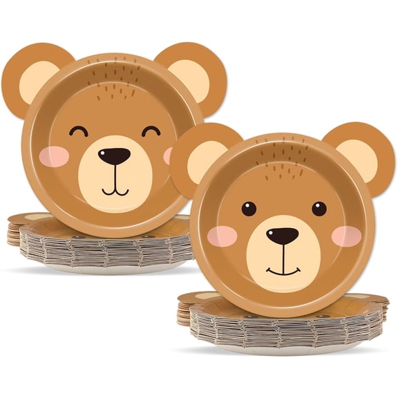 50 Count Bear Shaped Paper Plates - First Birthday & Baby Shower Disposable Tableware, 7-9 Inch Brown Teddy Bear Theme Plates for Gender Reveal Party, Cake Serving, and Party Decorations