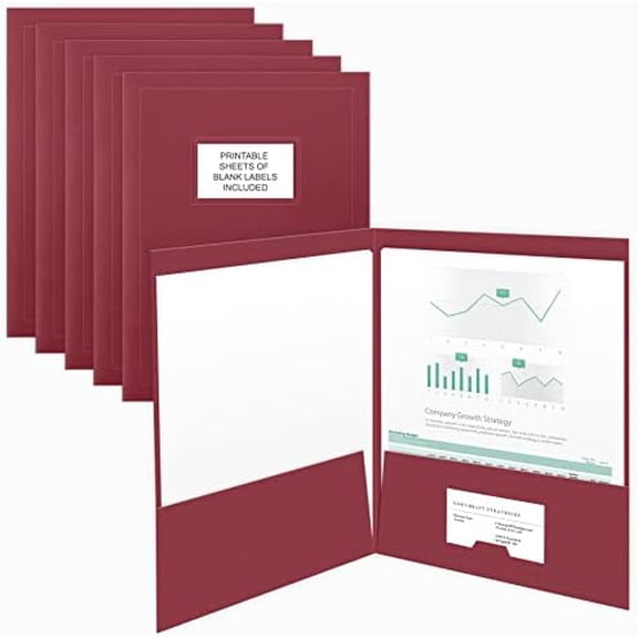 , 50 Count, Burgundy, Two Pocket Presentation Folders with Customizable Labels, Perfect for Sales Material, Important Documents & More (9 x 12)$$Office