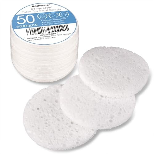 50-Count Compressed Facial Sponge, White Cellulose 100% Natural Cosmetic Spa Sponges for Facial Cleansing, Exfoliating Mask, Makeup Removal