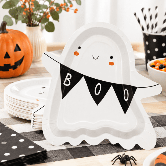 50 Count Cute Boo Ghost Shape Disposable Paper Plates Party Tableware