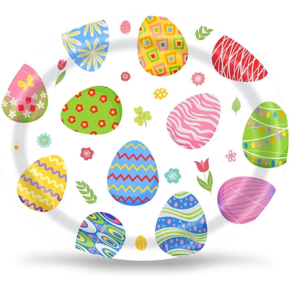 50 Count Disposable Easter Oval Paper Plates Platter Bulk 12x10in Large Dinner Party Plate Pastel Eggs for Supplies Dinnerware Table