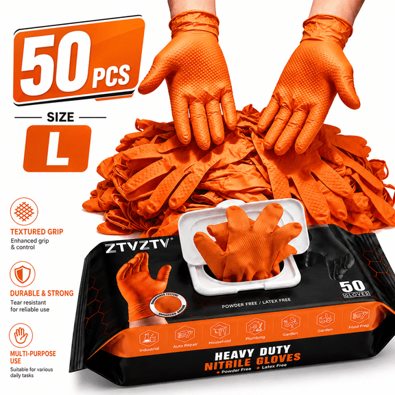 50 Count Disposable HeavyDuty Nitrile Work Gloves, DiamondTextured, PowderFree & LatexFree, MultiUse for Auto Repair, Plumbing, Garden, Household, Industrial Tasks & Food Prep,Orange, Large
