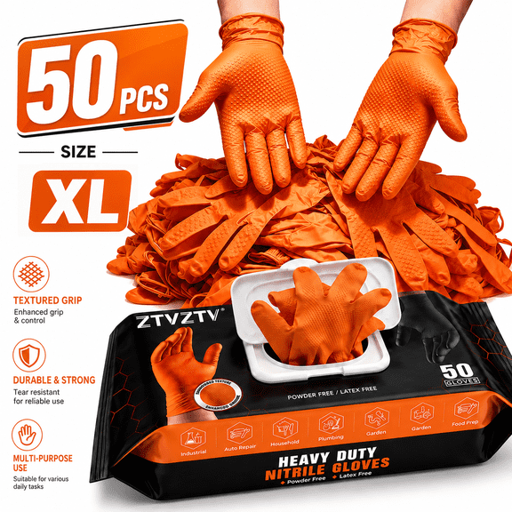 50 Count Disposable HeavyDuty Nitrile Work Gloves, DiamondTextured, PowderFree & LatexFree, MultiUse for Auto Repair, Plumbing, Garden, Household, Industrial Tasks & Food Prep,Orange, XL