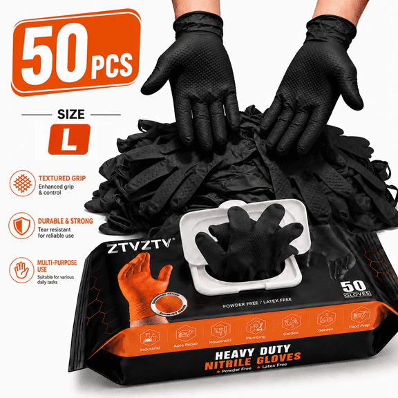 50 Count Disposable HeavyDuty Nitrile Work Gloves, DiamondTextured, PowderFree & LatexFree, MultiUse for Auto Repair, Plumbing, Garden, Household, Industrial Tasks & Food Prep,Black,Large