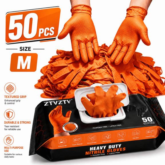 50 Count Disposable HeavyDuty Nitrile Work Gloves, DiamondTextured, PowderFree & LatexFree, MultiUse for Auto Repair, Plumbing, Garden, Household, Industrial Tasks & Food Prep,Orange, Medium