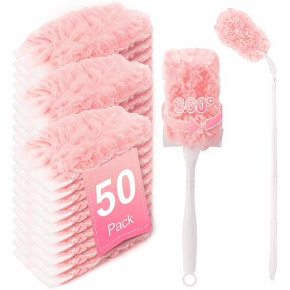 Heavy Duty Duster Refills, 50PCS Happylost Disposable Dusters Kit for Cleaning Dusting Furniture Blind Ceiling Fan, 360 Feather Duster+3FT Extended Handle +1 Handle