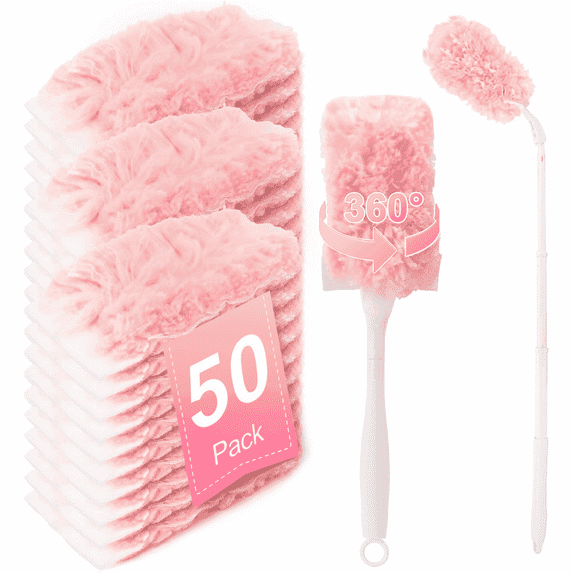 Heavy Duty Duster Refills, 50PCS Happylost Disposable Dusters Kit for Cleaning Dusting Furniture Blind Ceiling Fan, 360 Feather Duster+3FT Extended Handle +1 Handle