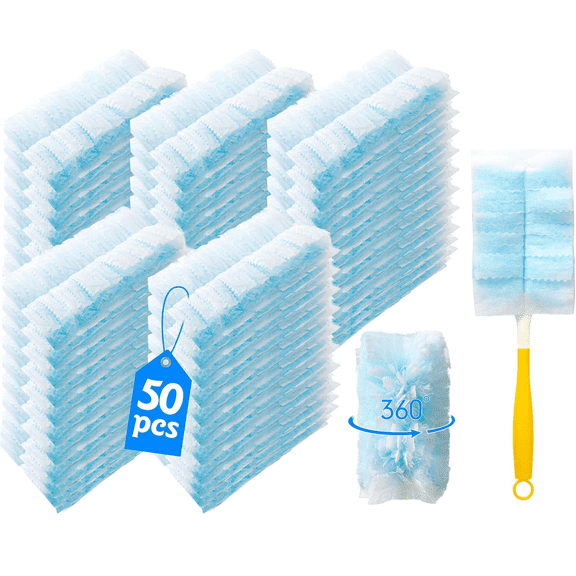 50 Count Electrostatic Duster Refills – Multi-Surface Dusting Refills with 1 Short Handle, Microfiber Dusters for Cleaning, Unscented, 360° Heavy Duty, Blue