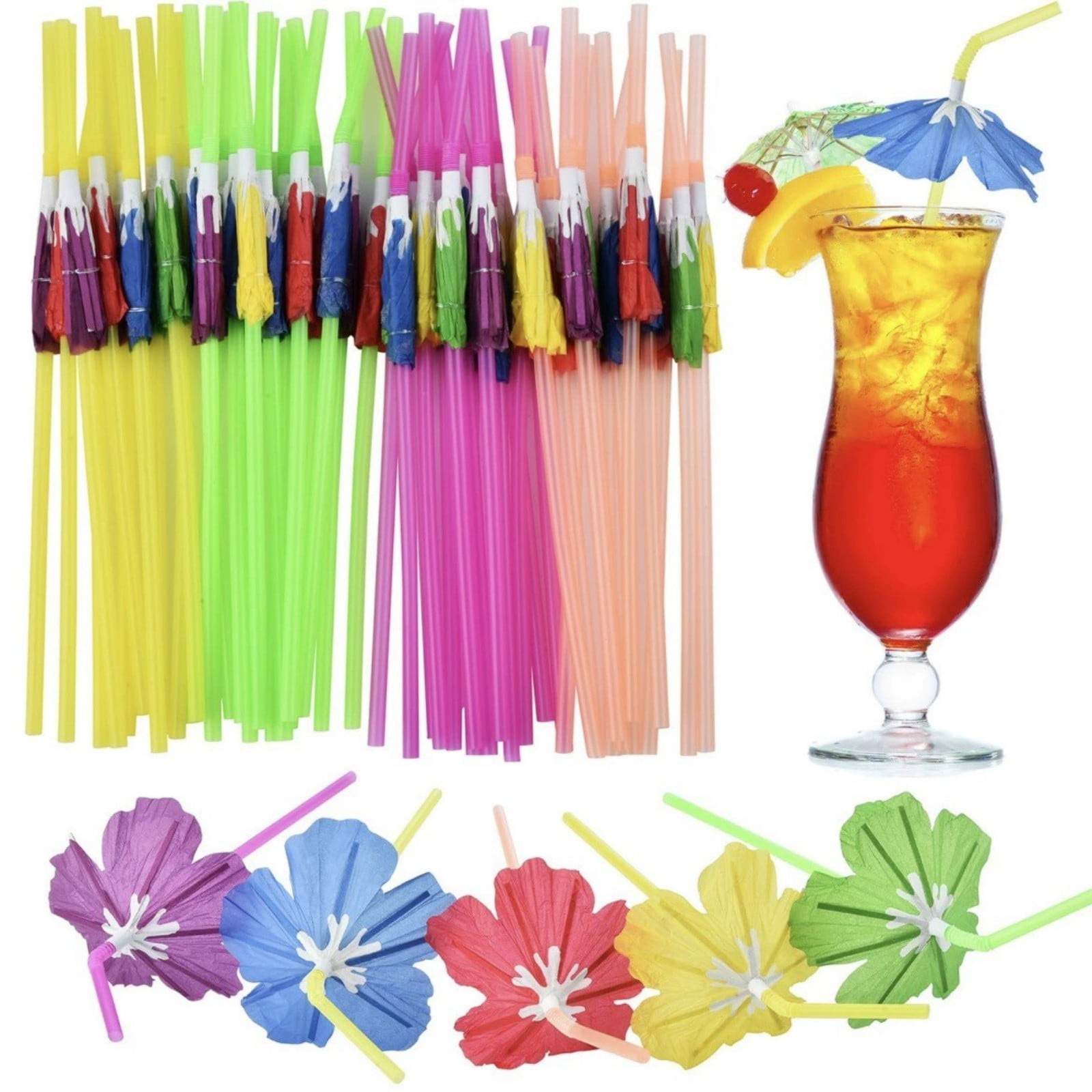 50 Count Flexible Disposable Plastic Drinking Straws, umbrella straws for cocktails, Fancy Mini Umbrella Drinking Straws for Hawaiian Beach Cocktail Luau Party Decor