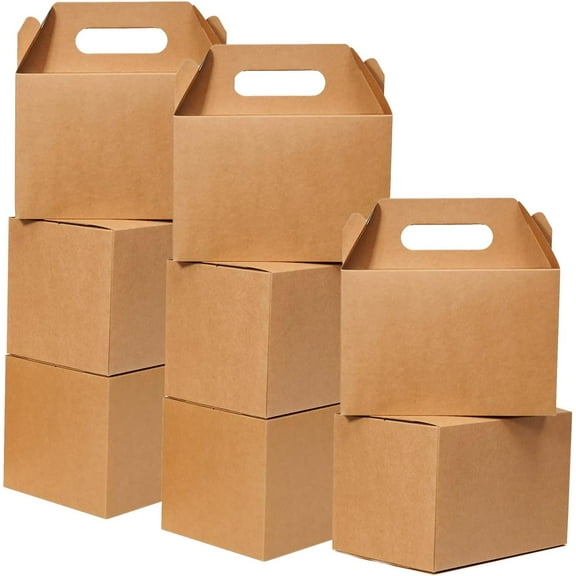 50 Count Large Brown Gable Treat Boxes 9 x 6 x 6 Inches with Handle Kraft Paper Recycled Lunch and Gift Boxes