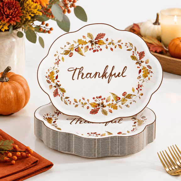 50 Count Oval Thanksgiving Paper Plates with Fall Leaf and Nut Design, 9.6" x 12"
