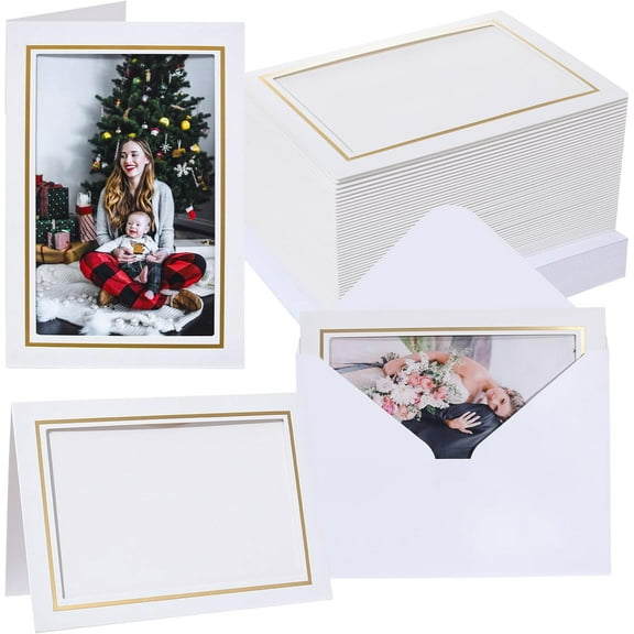 50 Count Photo Frame Cards with Envelopes 4x6 Paper Picture Frame Notecards Photo Card Holder and Envelopes Set for Graudation Wedding Birthday Classroom DIY - White with Gold Lining
