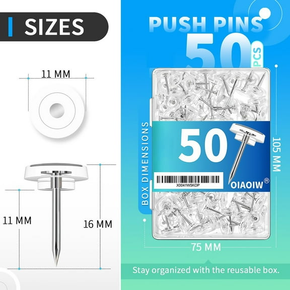 50 Count Premium Clear Push Pin,Clear Thumb Tacks Steel Point & Plastic Head with Storage Box,Flat Head thumbtacks for Photo Wall,Bulletin Board,Home,Office,Classroom,Cork Boards Use,Clear,0.43x0.63"