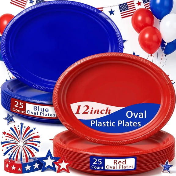 50 Count Red and Blue Disposable Plastic Plates 10x12 Inch – Oval Patriotic Plates for 4th of July, World Cup, BBQs & Picnics