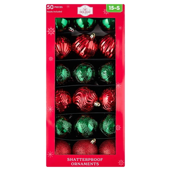 50-Count Red and Green Ball Shatterproof Christmas Ornaments, 3", by Holiday Time