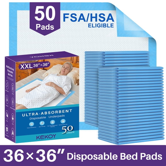 KEKOY Bed Pads for Incontinence Disposable 3 Times Super Absorbent, 36x36" 50 Count, Anti-Slip Backing, FSA/HSA Extra Large Waterproof Underpads, Pee Pads for Adults, Dogs, Seniors