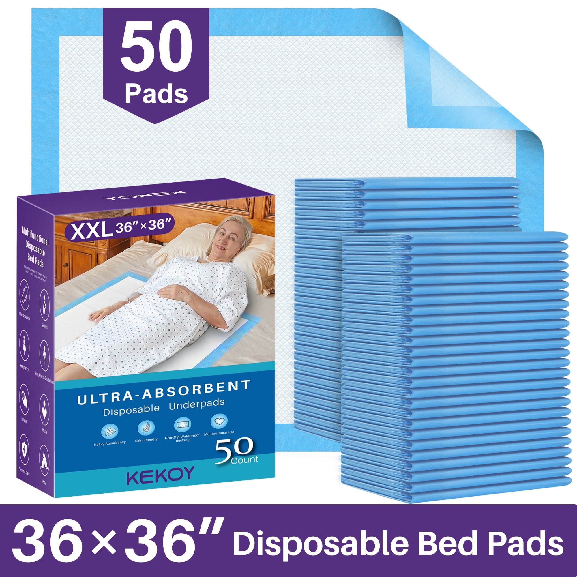 KEKOY Bed Pads for Incontinence Disposable 3 Times Super Absorbent, 36x36" 50 Count, Anti-Slip Backing, FSA/HSA Extra Large Waterproof Underpads, Pee Pads for Adults, Dogs, Seniors