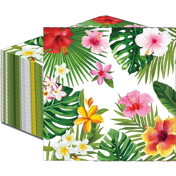 50 Count Tropical Hibiscus Floral Greenery Paper Napkins, Disposable Luau Party Cocktail Napkins for Hawaiian Aloha Theme Birthday, Summer BBQ, Pool Beach, and Picnic Table Decorations