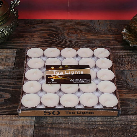 50 Count Unscented Tea Lights in Aluminum Cups - White Small Candles for Birthday Party, Wedding, Restaurant & Romantic Table Decor White
