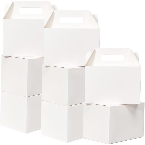 50 Count White Large Gable Treat Boxes 9 x 6 x 6 Inches with Handle Recycled Paper