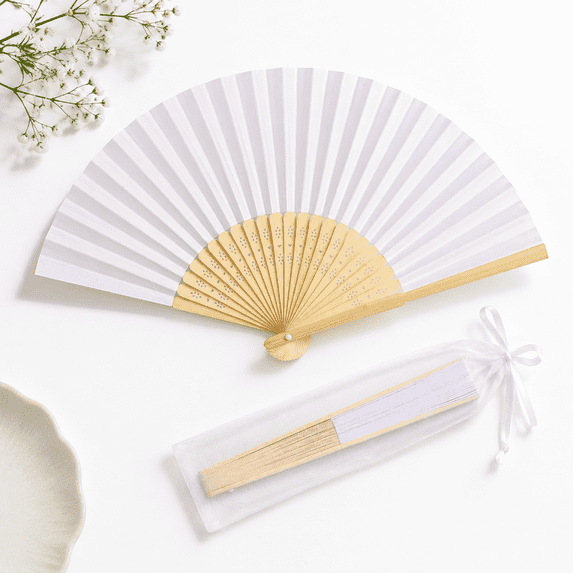 50 Count White Paper Folding Hand Fans with Organza Bags for Wedding ...