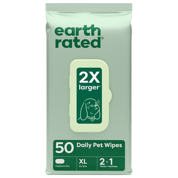 Earth Rated XL Pet Wipes for Dogs & Cats, Unscented, Hypoallergenic, 50 Ct