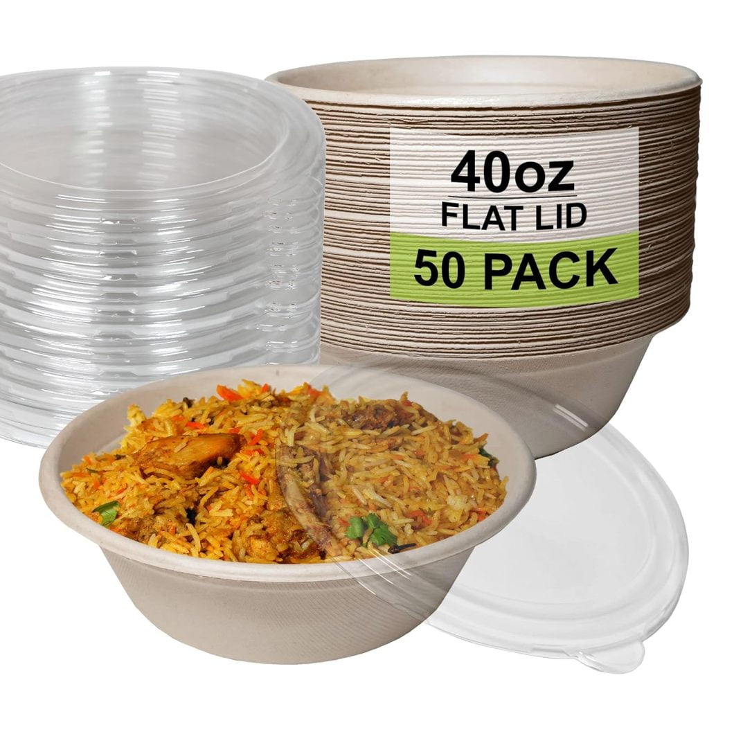 50 Count - ZZJP 40oz Round Disposable Bowls with Lids Natural Sugarcane Bagasse Bamboo Fibers Sturdy Compostable Eco Friendly Environmental Paper Plastic Bowl Alternative Tree Free