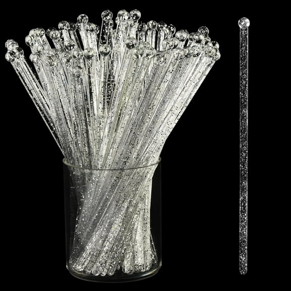 50 Counts Silver Glitter Plastic Swizzle Sticks, Crystal Cake Pops, Cocktail Coffee Drink Stirrers, 7.24 Inch