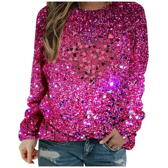 Up To 50% Off Crewneck Sweatshirts Women Women's Spring Autumn And Summer Love Printed Bright Glitter Hoodless Long Sleeve Loose Round Neck Daily Hundred Sweatshirt