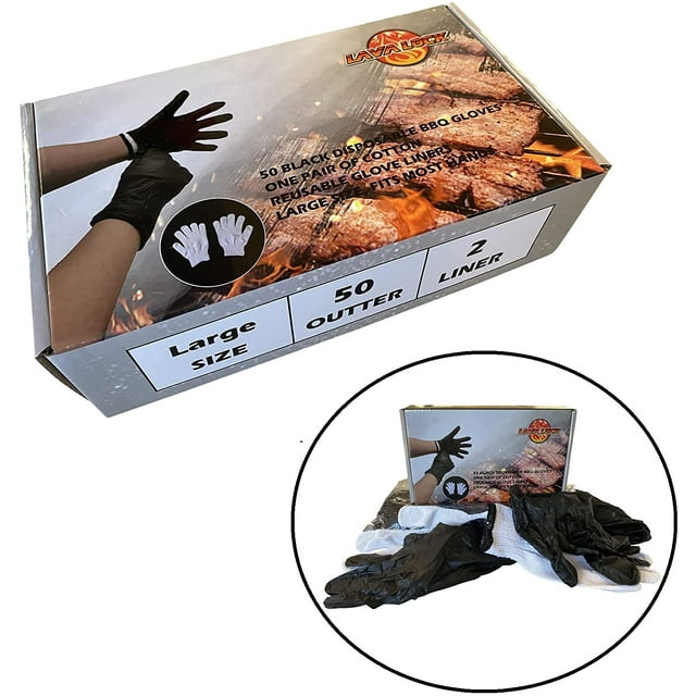50 Ct Black Disposable Nitrile BBQ Gloves with 2 Cotton Liners for