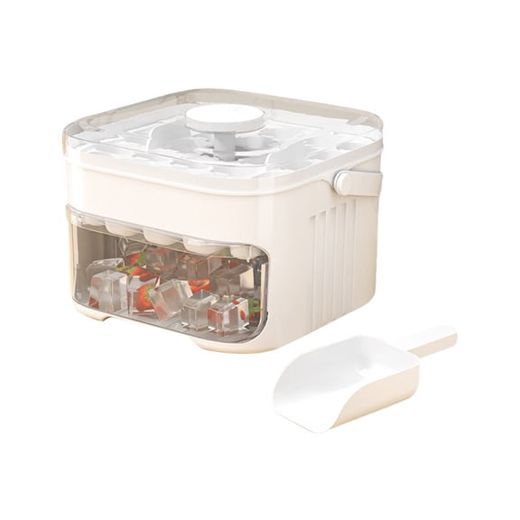 50-Cube Ice Maker with Easy Press Cap Double Layer Ice Cube Tray & Storage Bin Space-Saving Ice Box for Refrigerator, Freezer, and Kitchen Includes Scoop