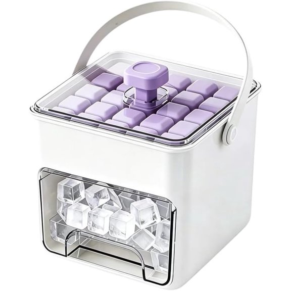 50 Cube Ice Maker With Easy Press Lid, 2026 Upgrade Double-Deck Portable Ice Cube Tray,Ice Cube Mold Maker Container Box for DIY Whiskey Cocktail Coffee Beverages (White purple)