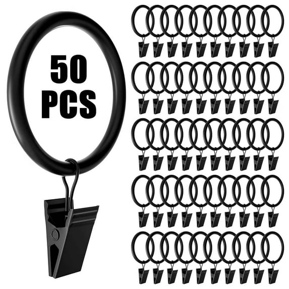 50 Curtain Rod Ring Clips with Hook, DISEN Rustproof Metal Drapery Ring Hanger Clips with Eyelets, Curtain Rods Hangers Rings, 1.26in Interior Diameter 1.5in Outside Diameter, Black
