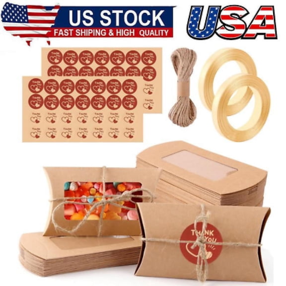 50 Cushion Boxes,14.5x7.5cm Kraft Paper Cushion Box,Gift Box with Clear Window