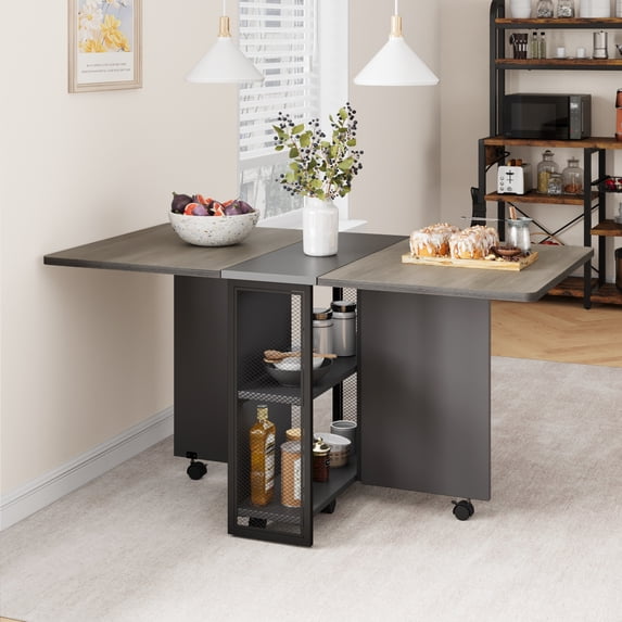 50"D x 29.53"W Space Saving Folding Dining Table with 2 Tier Storage-Extendable Drop Leaf Farmhouse Wood Kitchen Dining Room Tables Set for 4, Collapsible Expandable Rectangle, Grey