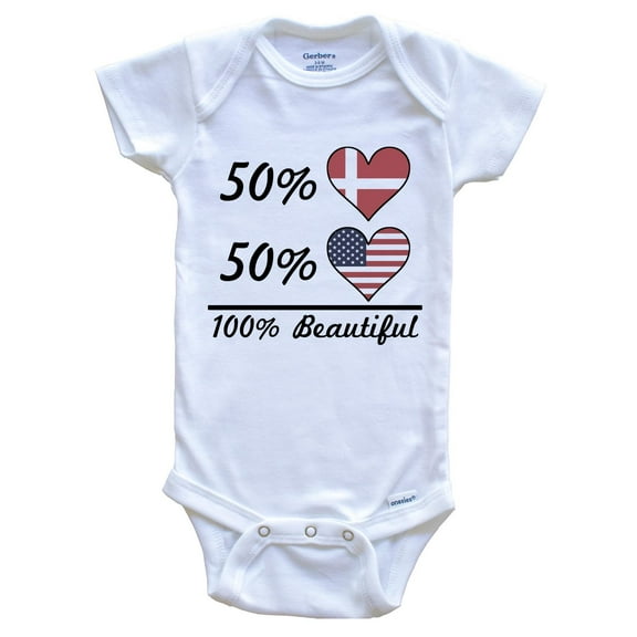 50% Danish 50% American 100% Beautiful Denmark Flag Heart Baby Bodysuit, 6-9 Months White