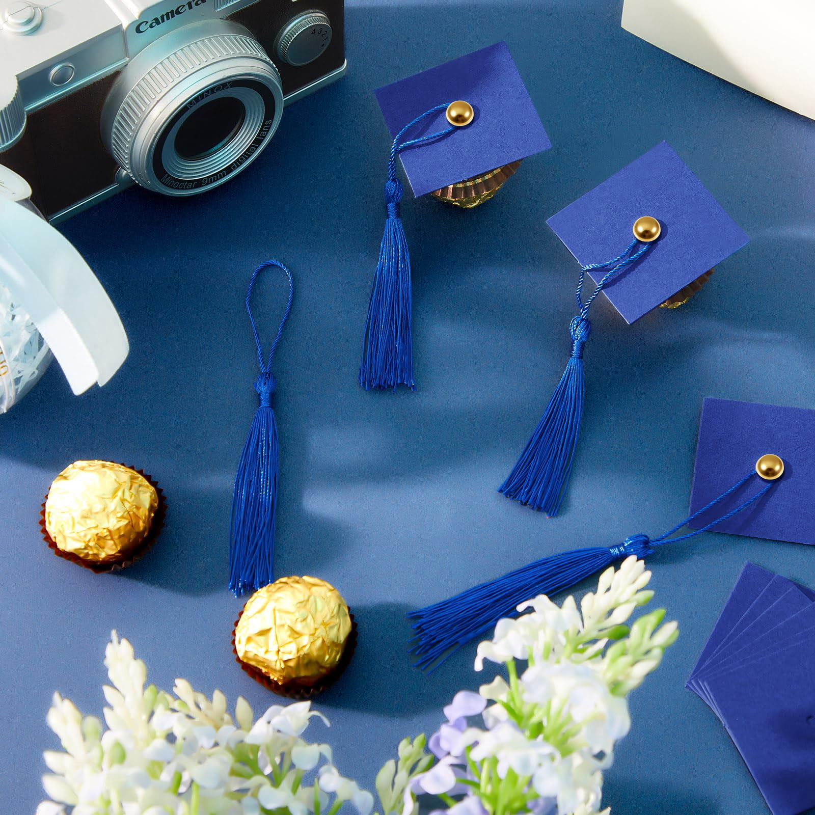 50 Dark Blue Graduation Cap Cupcake Toppers Mini Chocolate Decor for 2026 Theme Parties