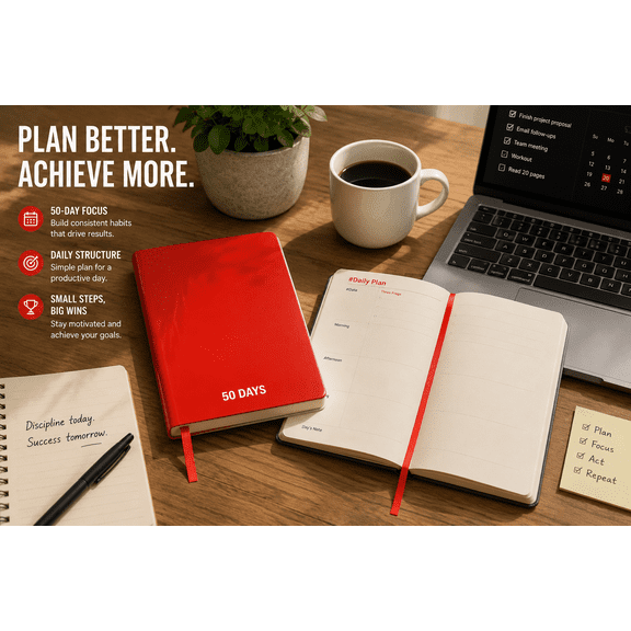 50 Days Daily Planner Journal, Undated Goal Setting Notebook with Habit Tracker, Daily Schedule Organizer, Premium Hardcover Journal with Ribbon Bookmark