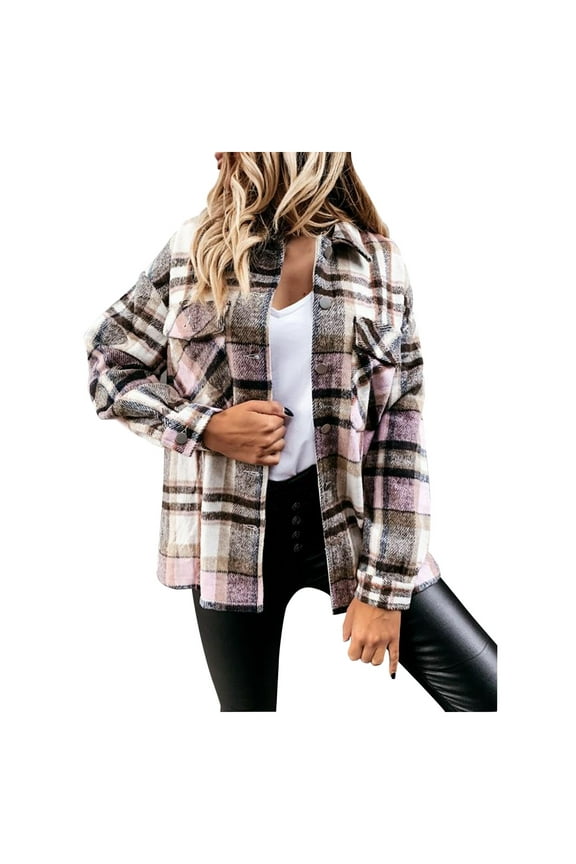 Women's Casual Fashion Flannel Jacket Button Down Plaid Color Matching Pocket Plus Fleece Shacket Lapel Collar Loose Coat Shirt Fall Jacket Shackets Brown M
