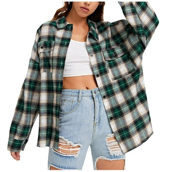 JSGEK Women's Fashion Flannel Jacket Long Sleeve Plaid Button Down Lapel Collar Pocket Tops Color Patchwork Casual Shirt Outwear Green M