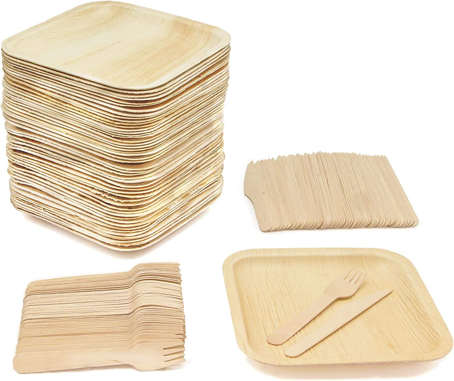 Eco-Friendly 8" Square Palm Leaf Plates and Wooden Utensils Set