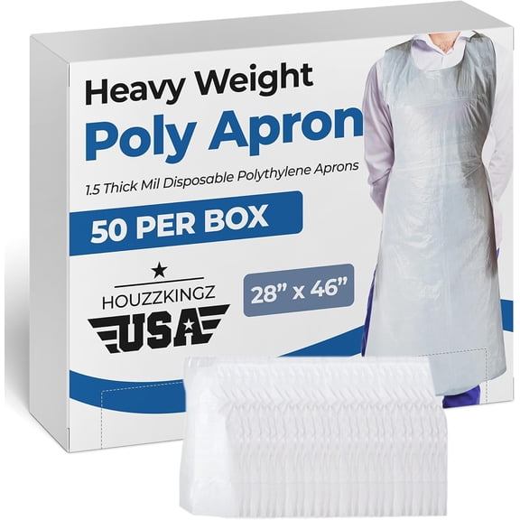 50 Disposable Aprons Adults 28 X 46 Heavy Weight 1.5 Mil Thick White Plastic Smock Painting Apron for Adults - Art Aprons Paint Party Kits - Bulk Disposable Plastic Apron Bibs