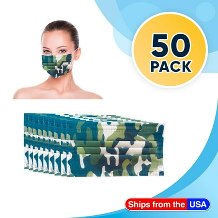 50 Disposable Face Masks Camo , 3-ply Breathable Masks Ear Loop Mask